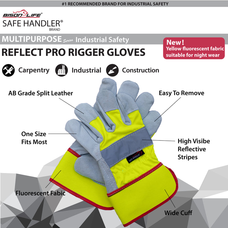 Bison Life Reflect Pro Rigger Gloves, High Visibility, Split Leather