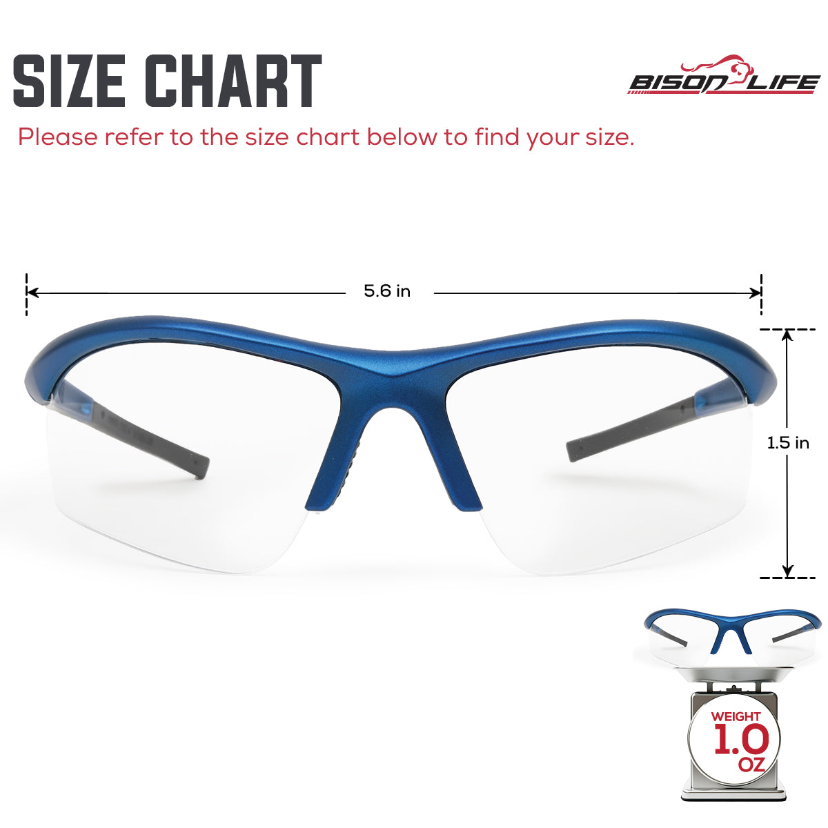 Bison Life Sport MTX  Anti-Fog Safety Glasses, Wraparound Outdoor Sports Eyewear, ANSI Z87.1 — size guide 1