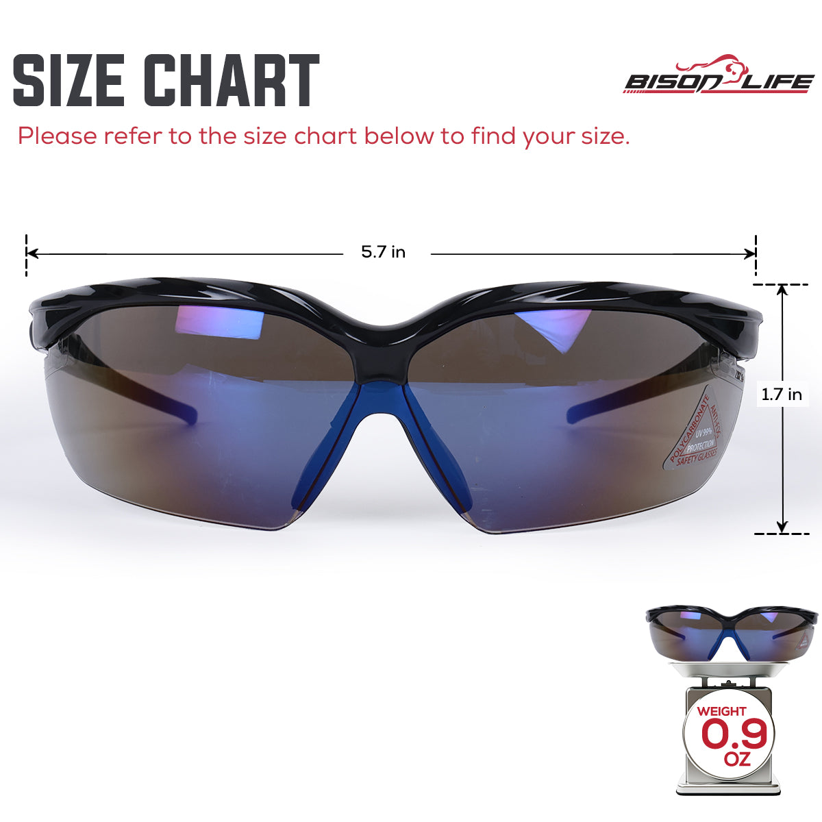 Bison Life HylinePro Black Temple Sport Safety Glasses for Men & Women, ANSI Z87.1 — size guide 1