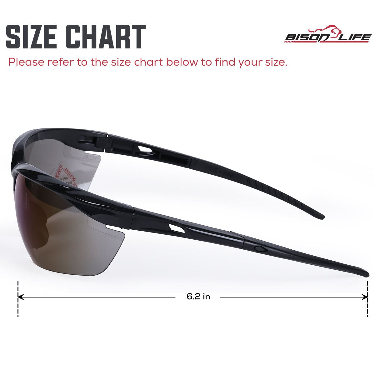 Bison Life HylinePro Black Temple Anti‑Fog Wraparound Safety Glasses, UV Protection — size guide 2