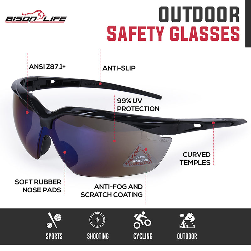 Bison Life HylinePro Black Temple Anti‑Fog Wraparound Safety Glasses, UV Protection