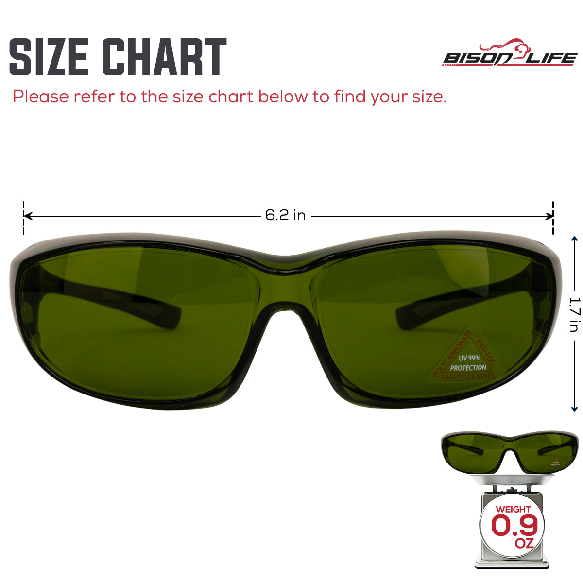 Bison Life PrimeX IR3 Safety Glasses, Anti-Fog-scratch Wrap Around Lenses — size guide 1
