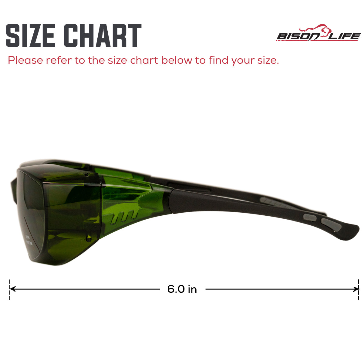 Bison Life PrimeX IR3 Safety Glasses, Anti-Fog-scratch Wrap Around Lenses — size guide 2