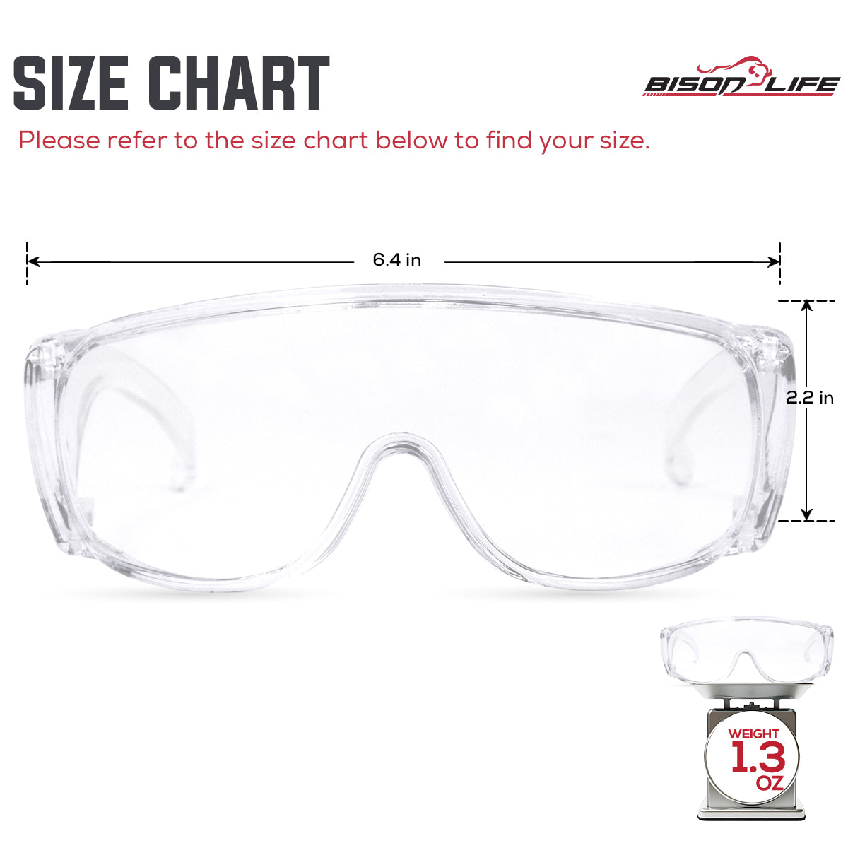 Bison Life Diamont Vented Clear Lens Over the glasses Safety Glasses, ANSI Z87.1 — size guide 1