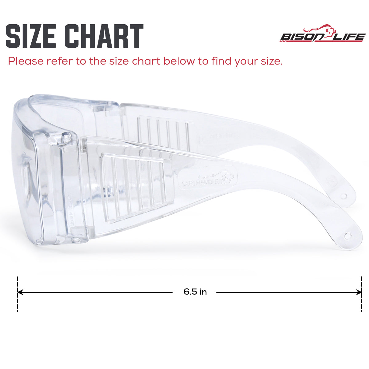 Bison Life Diamont Vented Clear Lens Over the glasses Safety Glasses, ANSI Z87.1 — size guide 2