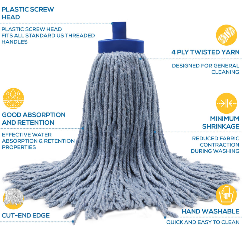Kleen Handler Screw-on Wet Mop Replacement Head with Plastic Screw Head, Pack of 6