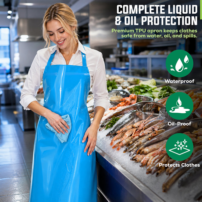 Bison Life TPU Bib Apron Reusable Waterproof Oil-Resistant Kitchen Apron Blue