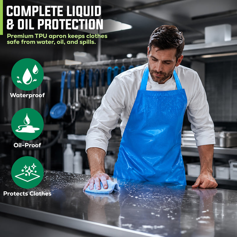 Bison Life TPU Bib Apron Reusable Waterproof Oil-Resistant Kitchen Apron Blue
