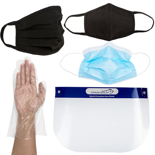 Travel Kit for Adult - Set of 6 Reusable Pleated/Center Seam Mask, Disposable-10 Face Shield, 50Pcs -3 Ply Face Mask & 50 Long Cuff Poly Gloves