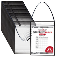 Bison Life Job Ticket Holders 10x14, Clear PVC Work Order Sleeves, Hanging Strap, Black Trim, 25 Pack