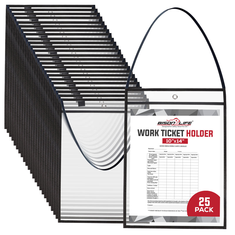 Bison Life Job Ticket Holders 10x14, Clear PVC Work Order Sleeves, Hanging Strap, Black Trim, 25 Pack