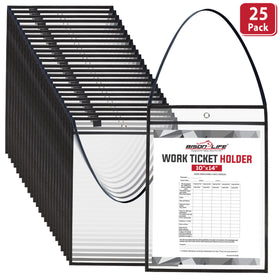 Bison Life Job Ticket Holders 10x14, Clear PVC Work Order Sleeves, Hanging Strap, Black Trim, 25 Pack