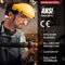 Person wearing a protective helmet and face shield with ANSI and CE compliance text on the right.