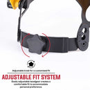 Adjustable headgear system with an adjustable knob for a customized fit on a white background.