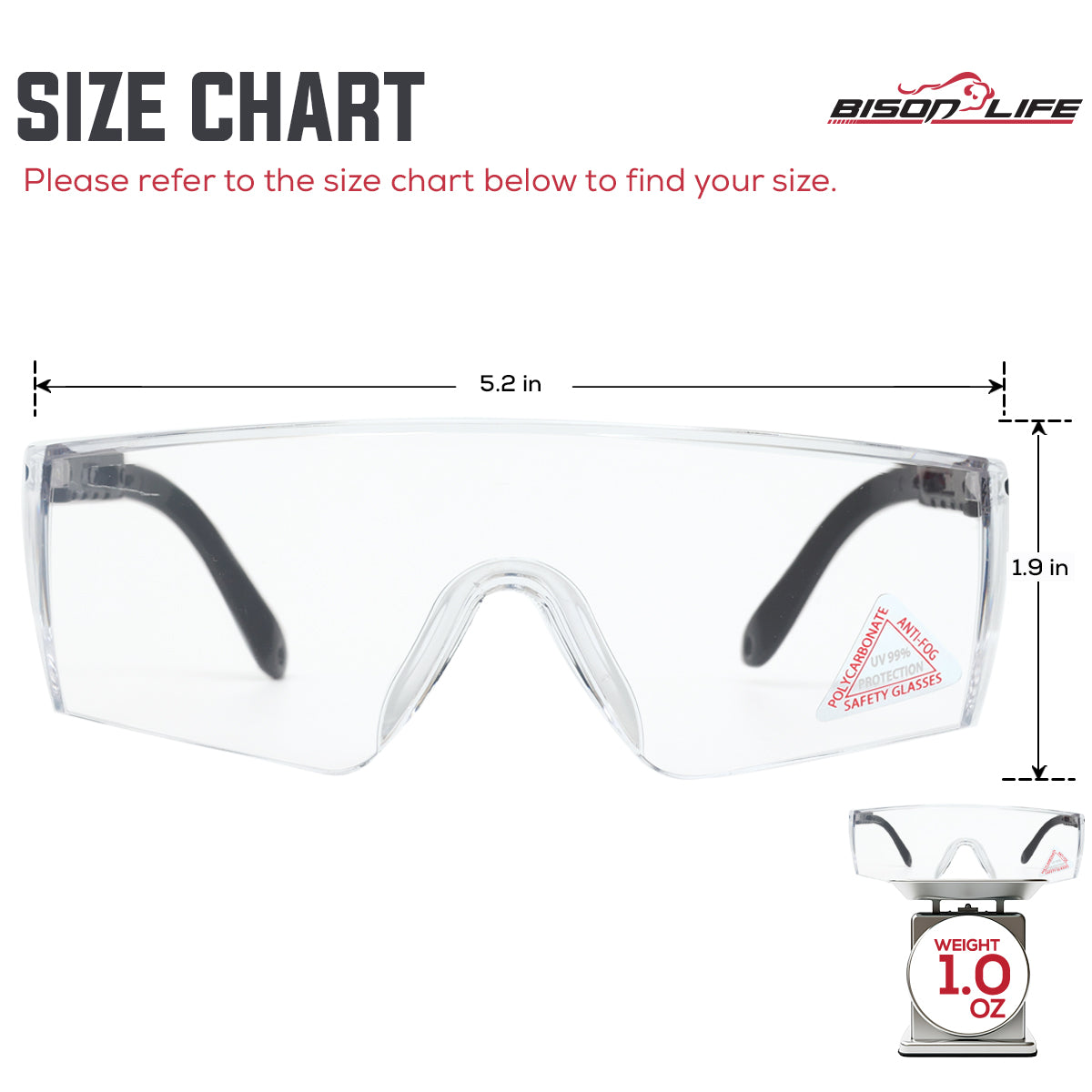 Bison Life Boxer Wraparound Safety Glasses with Side Shield Protection, ANSI Z87.1 — size guide 1