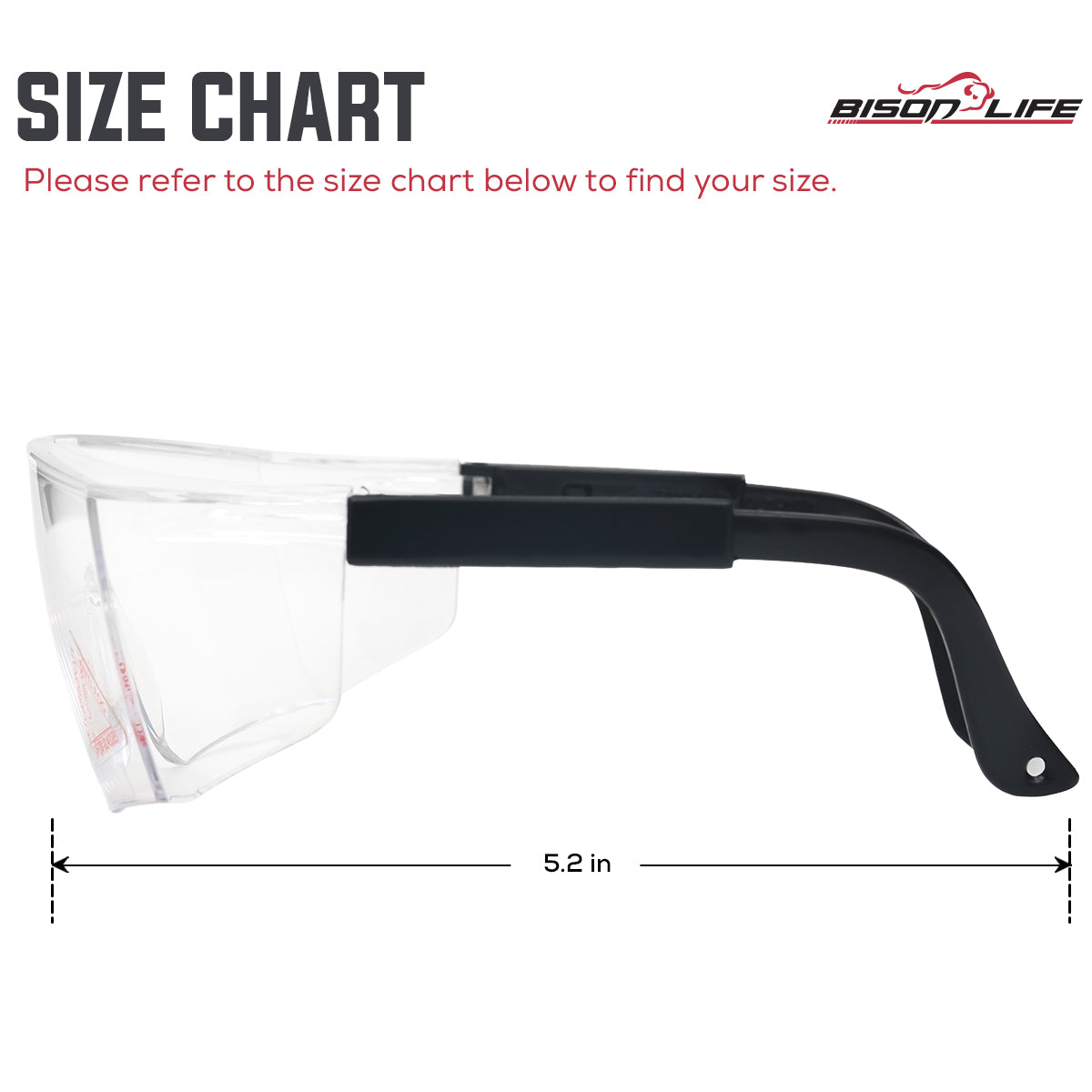 Bison Life Boxer Wraparound Safety Glasses with Side Shield Protection, ANSI Z87.1 — size guide 2