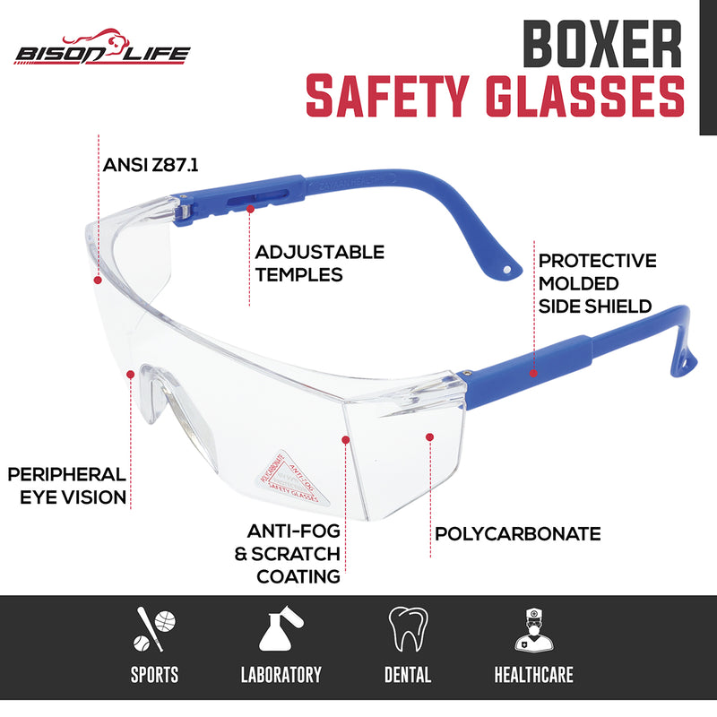 Bison Life Boxer Wraparound Safety Glasses with Side Shield Protection, ANSI Z87.1
