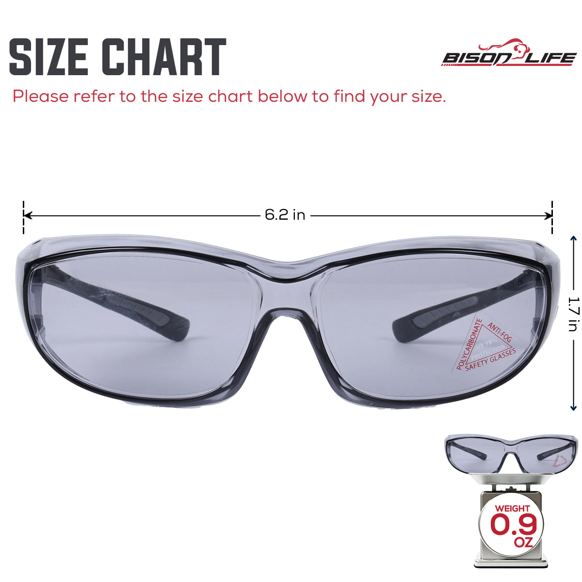 Bison Life PrimeX Color Lens Black Temple Safety Glasses, ANSI Z87.1 — size guide 1