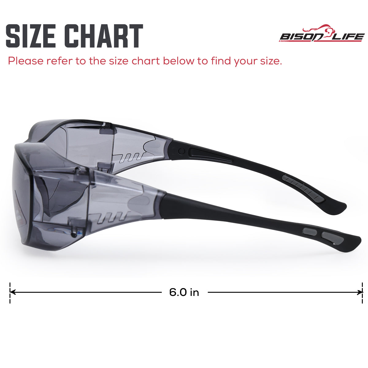 Bison Life PrimeX Color Lens Black Temple Safety Glasses, ANSI Z87.1 — size guide 2