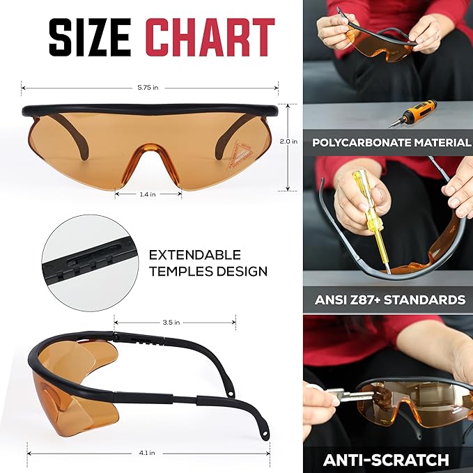 Simone Fully Adjustable Temple Safety Glasses, Anti Scratch-Fog Lens