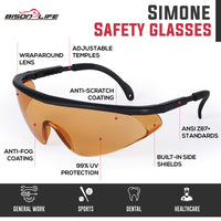 Bison Life Simone Protective Safety Glasses with Adjustable Temple, Anti-Fog, ANSI Z87.1