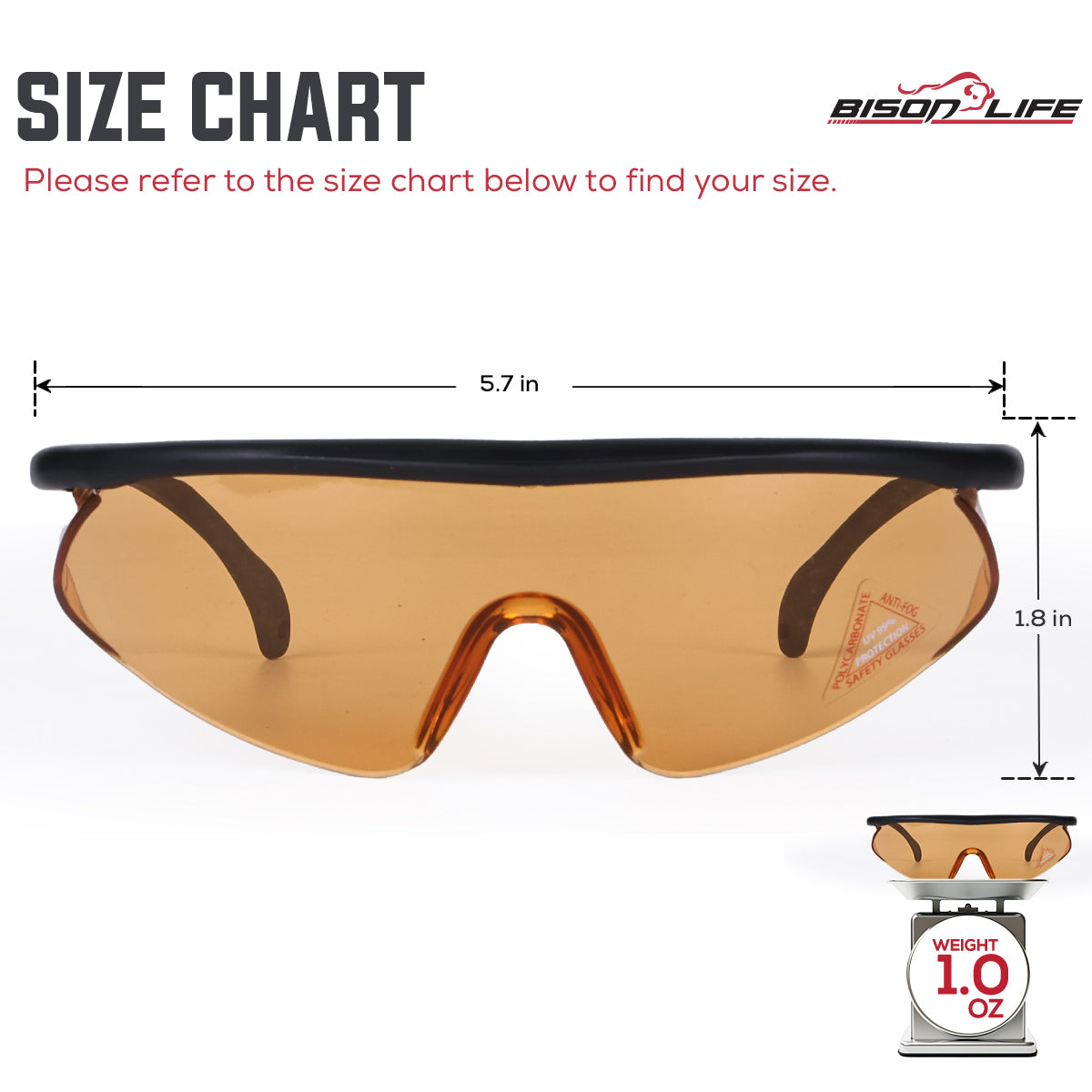 Bison Life Simone Protective Safety Glasses with Adjustable Temple, Anti-Fog, ANSI Z87.1 — size guide 1