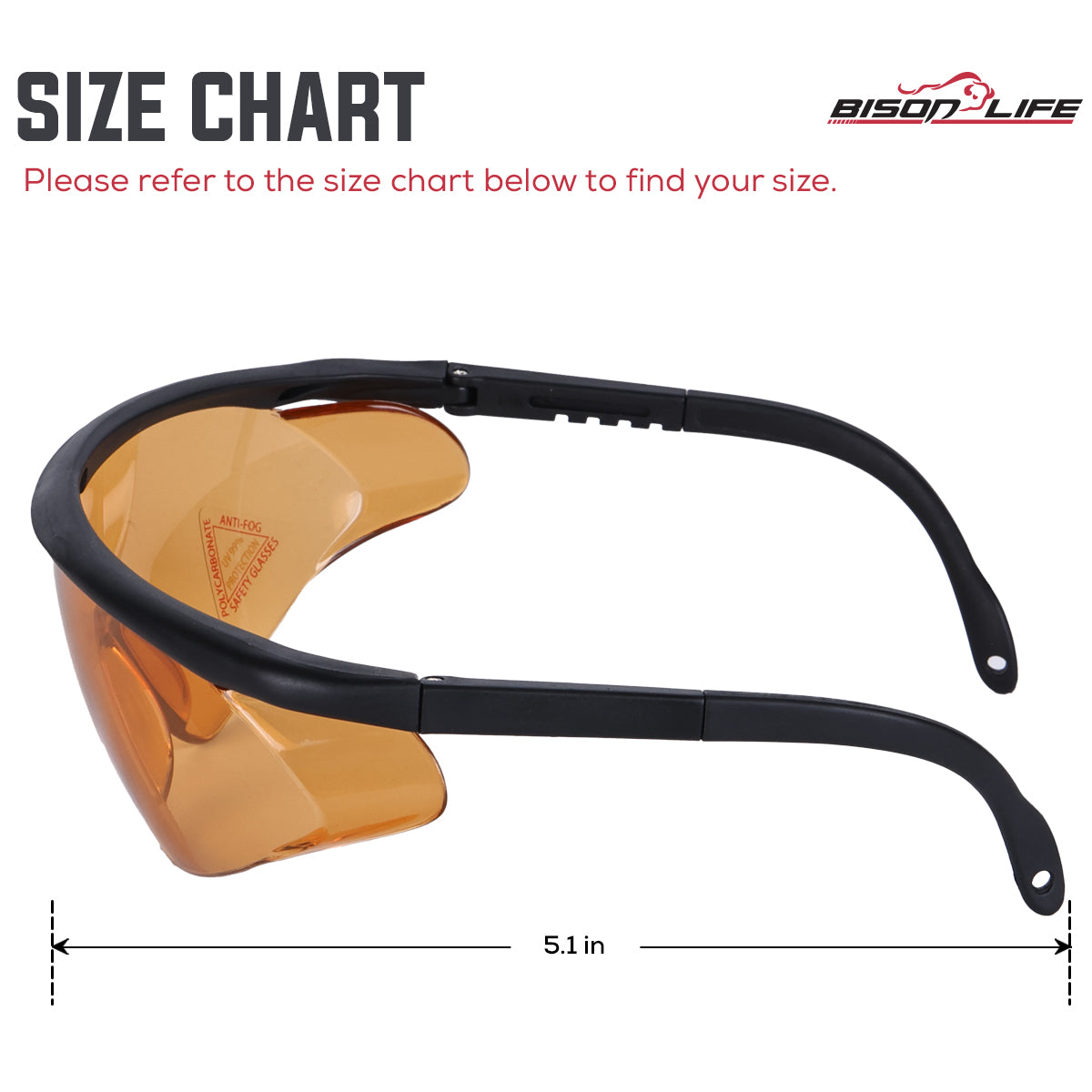 Bison Life Simone Protective Safety Glasses with Adjustable Temple, Anti-Fog, ANSI Z87.1 — size guide 2