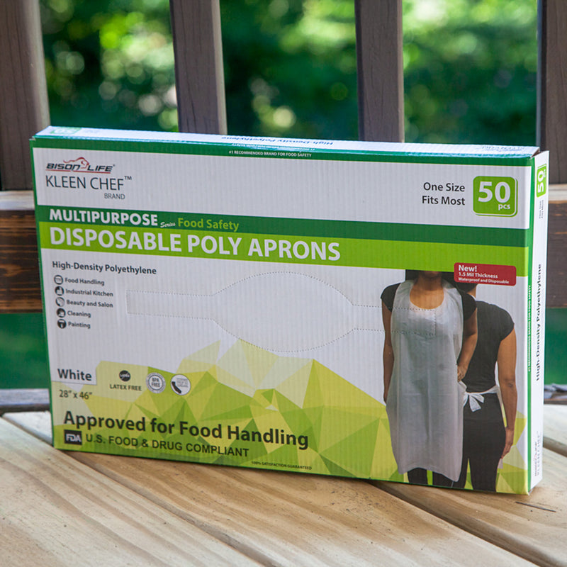 Bison Life Disposable Lightweight Poly Aprons – 28x46 White Waterproof
