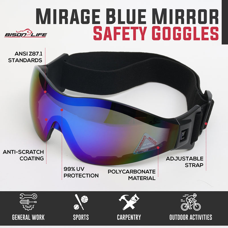 Bison Life Mirage Safety Goggles with Black Adjustable Headband & UV Protection ,ANSI Z87.1