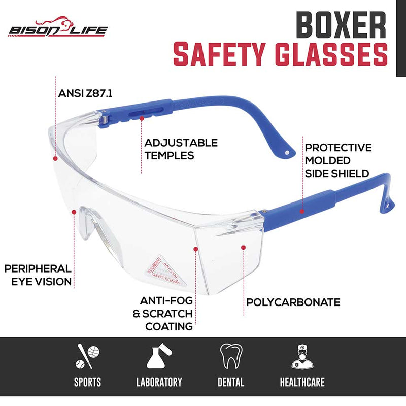 Boxer Clear Lens Color Temple Safety Glasses, Anti Scratch-Fog Lens