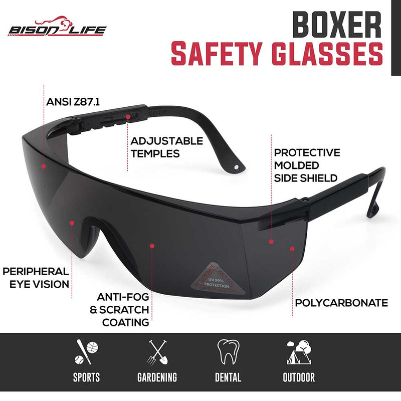 Boxer Black Temples Safety Glasses, Anti Scratch- Fog Lens, Adjustable Temple