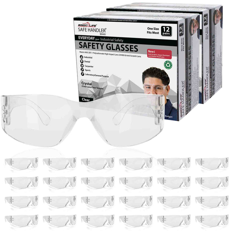 Crystal Clear Lens Clear Temple Safety Glasses, Impact Resistant Lens