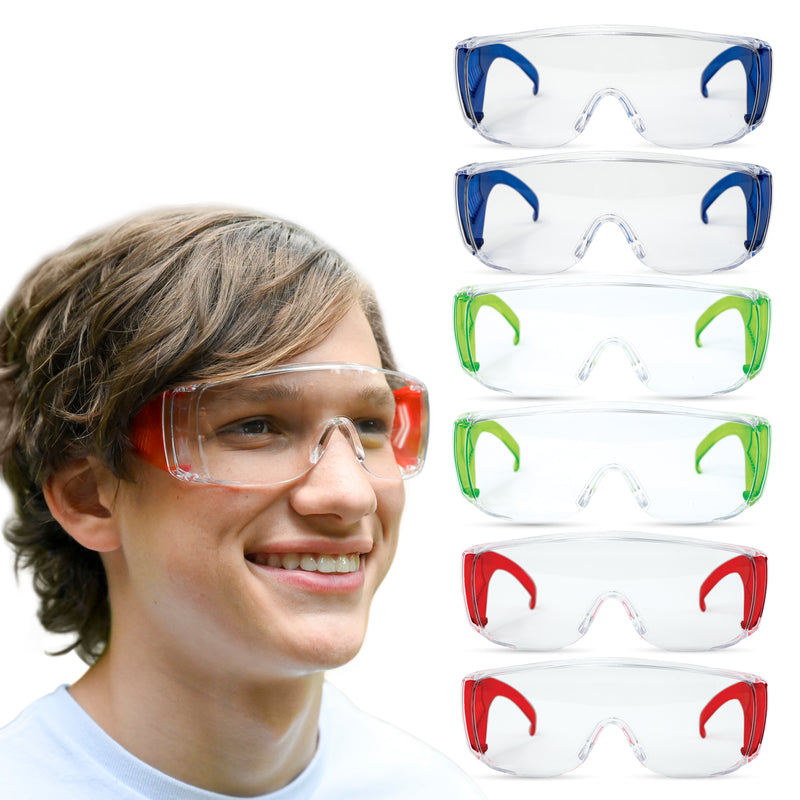 goggles over the glasses Bison Life Diamont Kids Over Glass Safety Glasses, 6 Pack, ANSI Z87.1, Youth Protective Goggles, Red, Green & Blue Temples