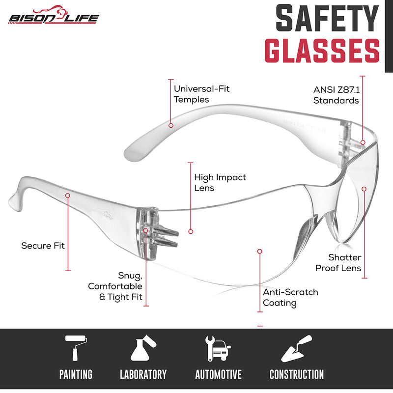 Bison Life Kristal Clear Lens Clear Temple Wraparound  Safety Glasses, ANSI Z87.1 Certified