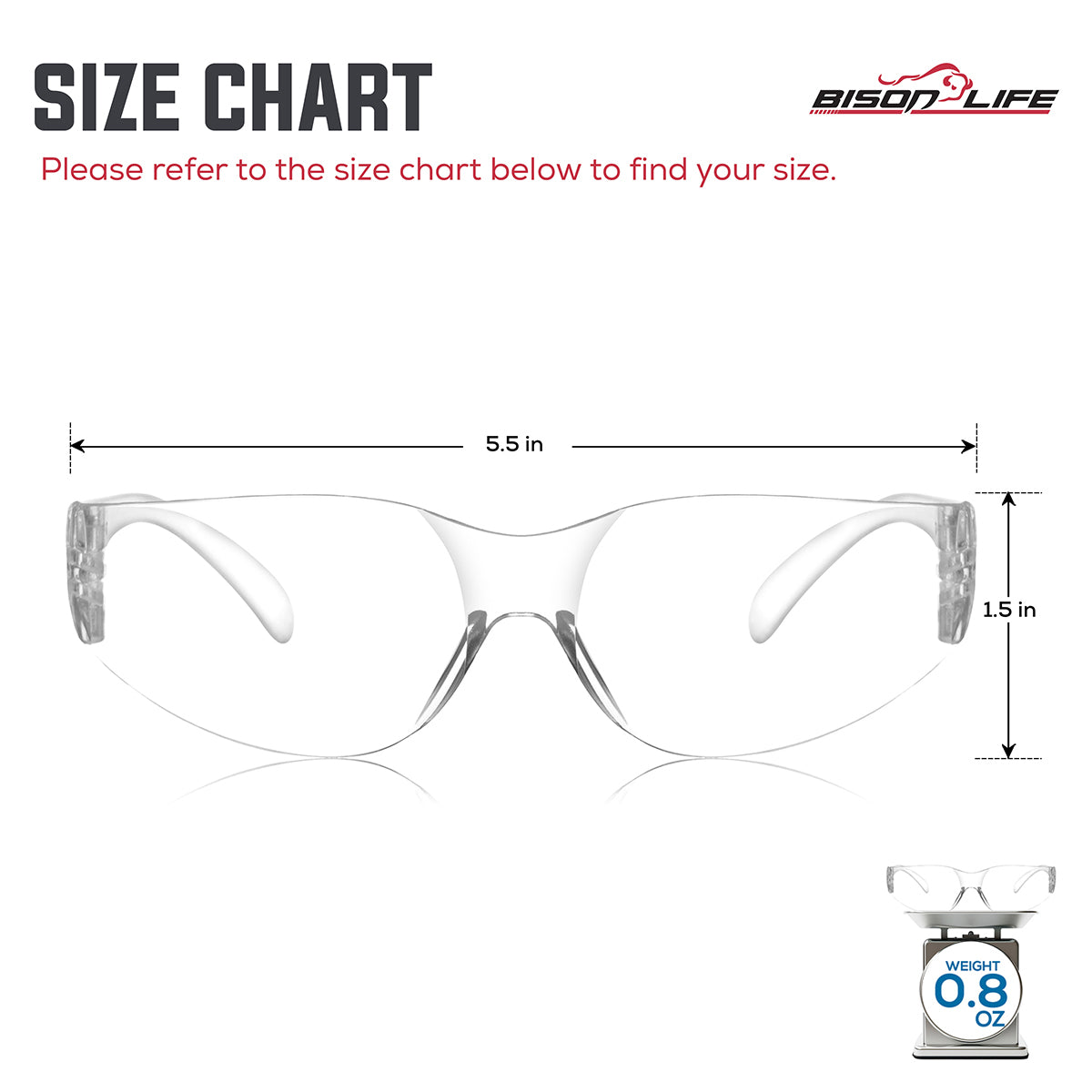 Bison Life Keystone Wraparound Color Lens Black Temple Safety Glasses, ANSI Z87.1 — size guide 1