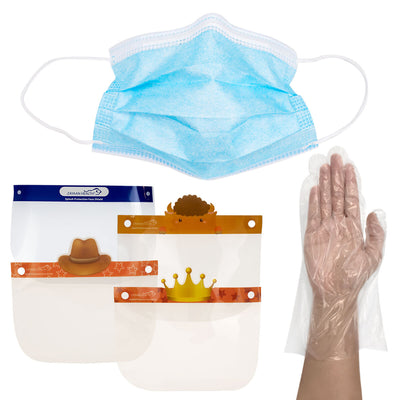 Travel Kit for Adult/Kids- Set of 50 Disposable 3 Ply Face Mask,10 Disposable Face Shield,6-Kids Face Shield, 50 Long Cuff Poly Gloves