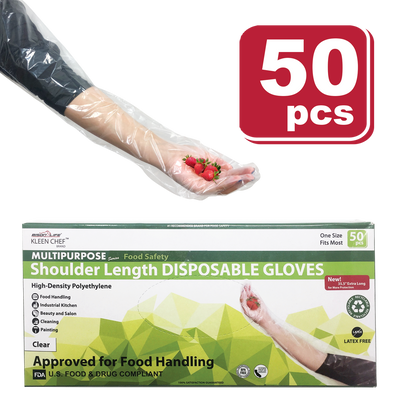 Shoulder Length Disposable Poly Gloves for Food Handling, 35.5 inch, OSFM