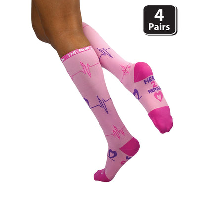 Heartbeat Patterned Compression Socks Anti-Fatigue, Fits Adult and Youth Pack of (4 Pairs)