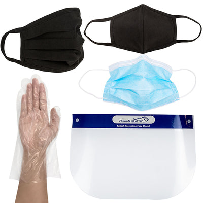 Travel Kit for Adult - Set of 6 Reusable Pleated/Center Seam Mask, Disposable-10 Face Shield, 50Pcs -3 Ply Face Mask & 50 Long Cuff Poly Gloves